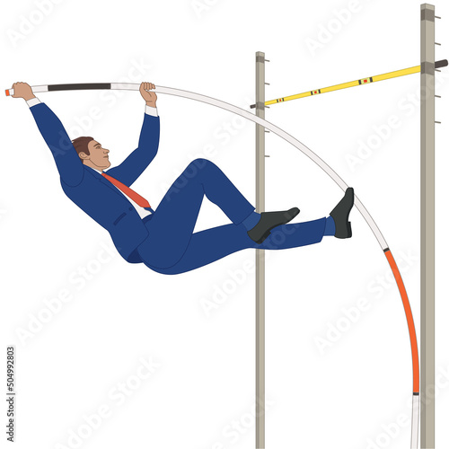 businessman pole vaulting over cross bar, isolated on a white background