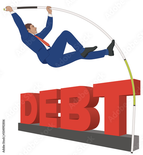 businessman pole vaulting over the word DEBT in 3D isolated on a white background