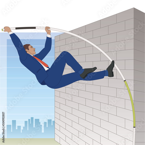 businessman pole vaulting over high wall with line graph, buildings and sky in background