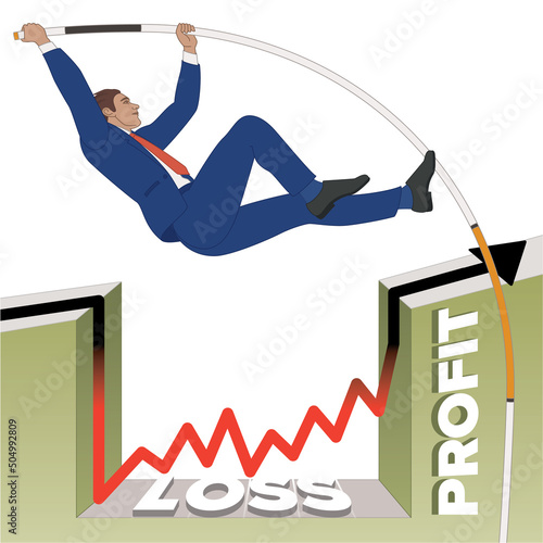 businessman pole vaulting over a line graph avoiding loss and leaping to profit isolated on a white background