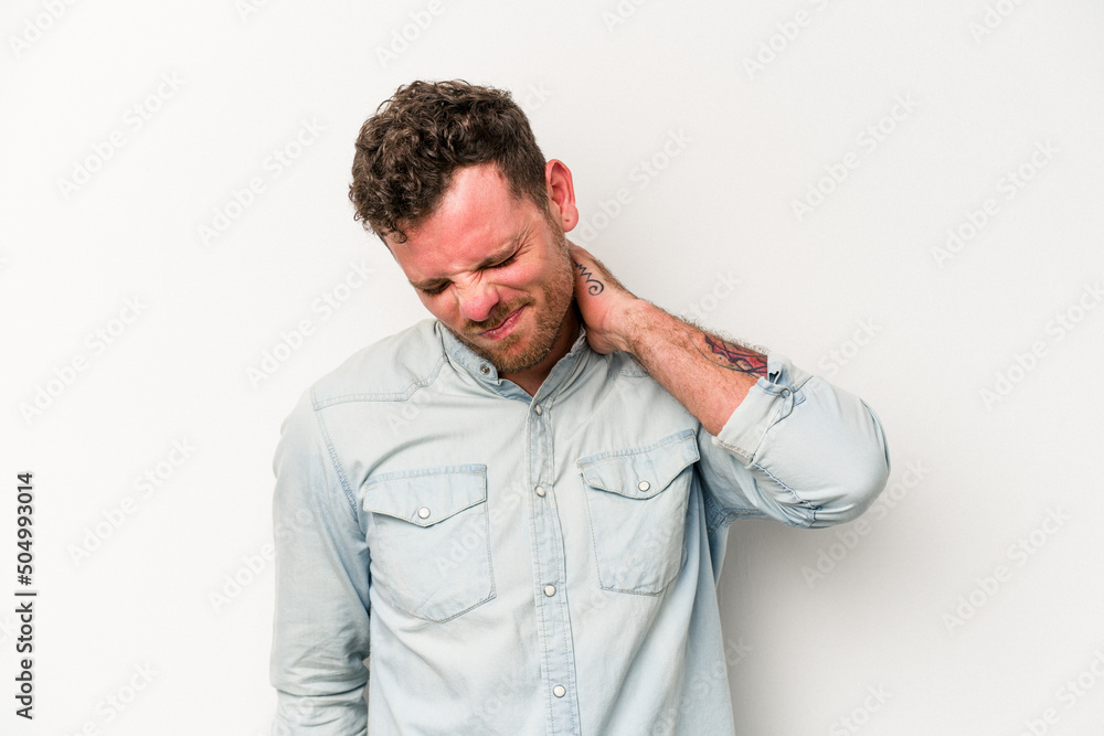 Young caucasian man isolated on white background having a neck pain due to stress, massaging and touching it with hand. Young caucasian man isolated on white background having a neck pain due to stress, massaging and touching it with hand.