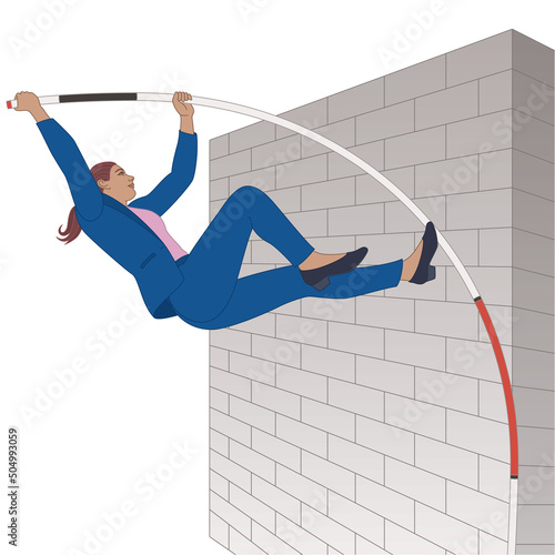 businesswoman pole vaulting over high wall isolated on a white background