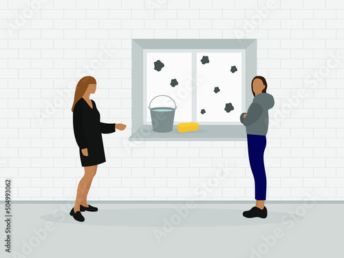 Two female characters are standing near a dirty window indoors with a bucket of water and a sponge
