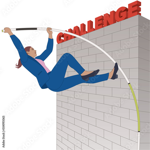 businesswoman pole vaulting over high wall with the word CHALLENGE, isolated on a white background
