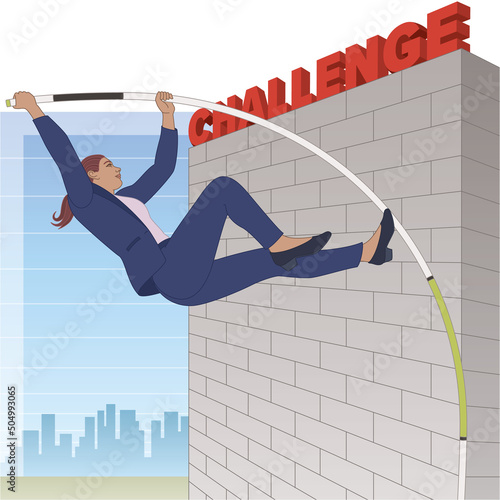 businesswoman pole vaulting over high wall with the word CHALLENGE, line graph, buildings and sky in background