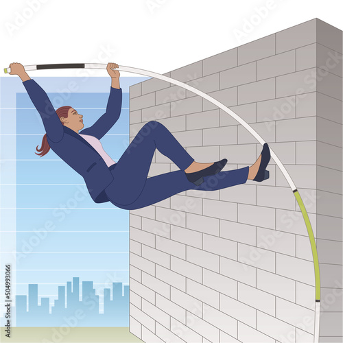 businesswoman pole vaulting over high wall with line graph, buildings and sky in background