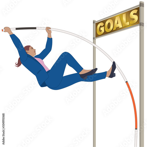 businesswoman pole vaulting over high goals isolated on a white background