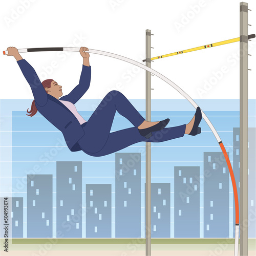 businesswoman pole vaulting over cross bar, with buildings and sky on a graph in the background