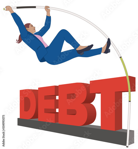 businesswoman pole vaulting over the word DEBT in 3D isolated on a white background