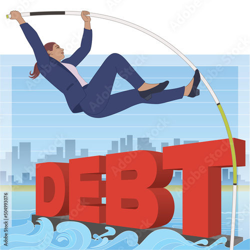 businesswoman pole vaulting over the word DEBT, concept to avoid drowning in debt with buildings and sky in background