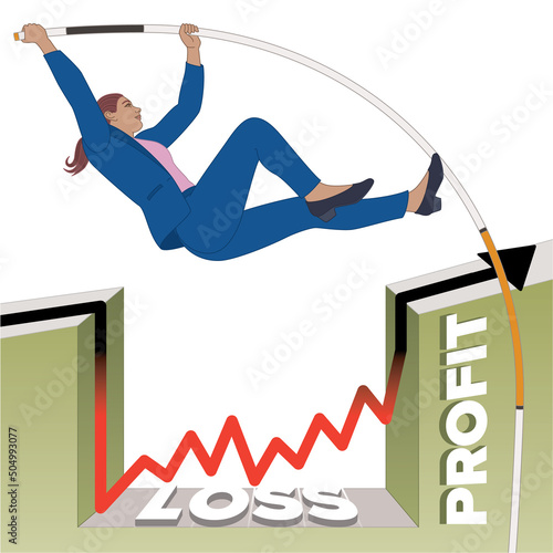 businesswoman pole vaulting over a line graph avoiding loss and leaping to profit isolated on a white background