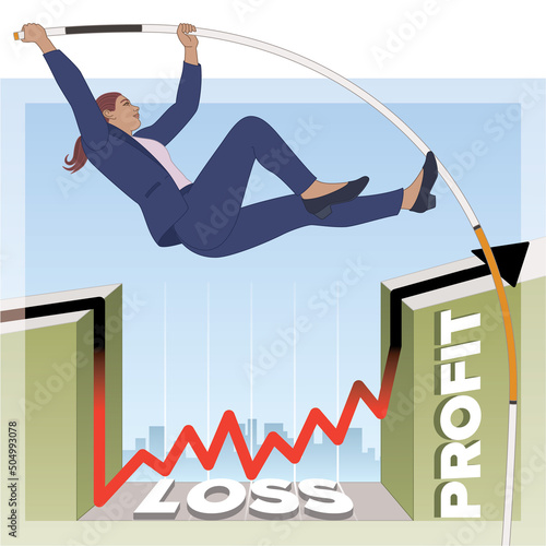 businesswoman pole vaulting over a line graph avoiding loss and leaping to profit with buildings and sky in background