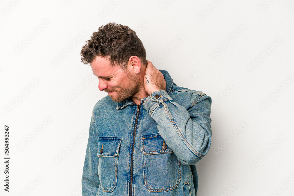 Young caucasian man isolated on white background suffering neck pain due to sedentary lifestyle. Young caucasian man isolated on white background suffering neck pain due to sedentary lifestyle.