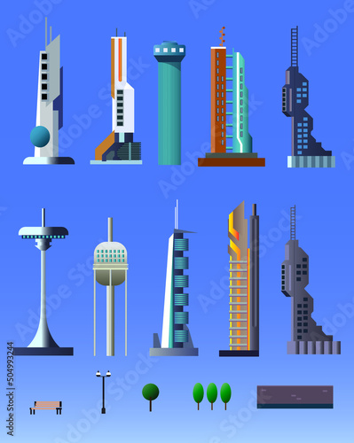 set of futuristic sci fi city buildings, flat vector architecture illustration, space colony elements.