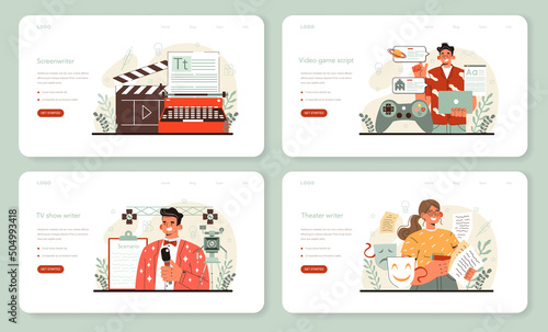 Screenwriter web banner or landing page set. Playwright create a screenplay