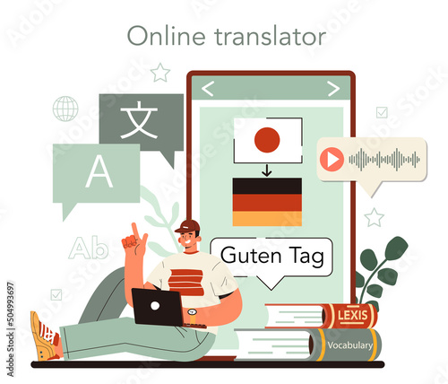 Translator online service or platform. Linguist translating document