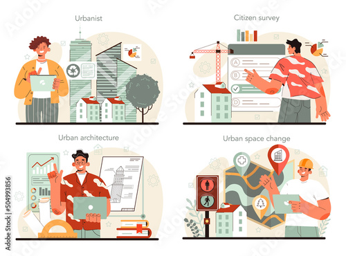Urbanist concept set. Architect studying and developing urban structure
