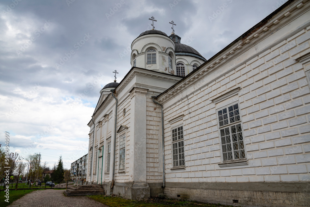 The ancient Cathedral of Elijah the Prophet on a spring evening. Soltsy, Novgorod region. Russia