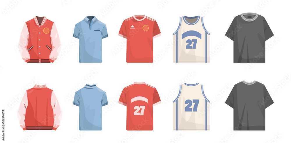 Sport clothing set. Apparel for sport activity: basketball jersey, football
