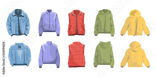 Various jackets set. Apparel for cold weather: jeans jacket, vest