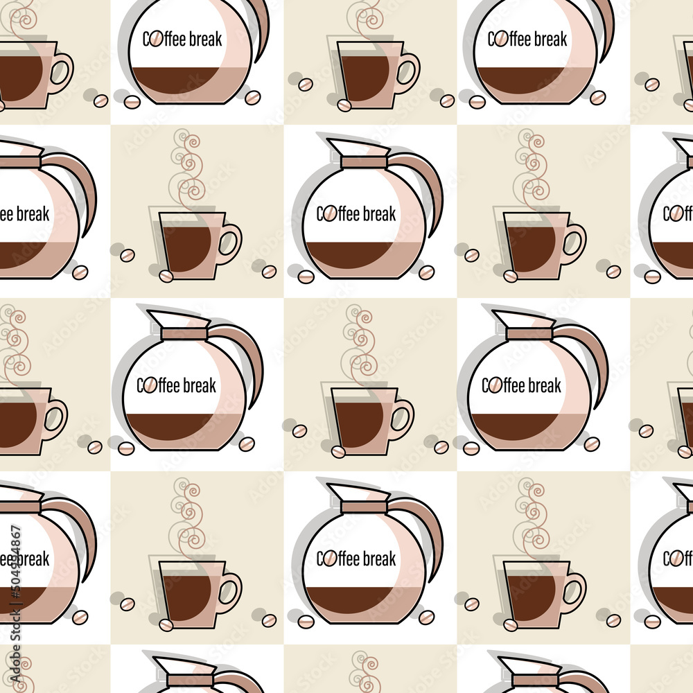 Coffee background, pattern. Coffee break. Coffee turtle, pot and cup. Linear symbol. Coffee background, pattern. Coffee break. Coffee turtle, pot and cup. Linear symbol.
