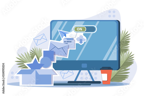 Online communication concept. Characters with smart digital technologies.