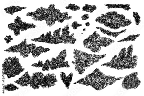 Set of black sketch hand drawn scribble clouds or smoke, fume. Fluffy textured cloud elements for print design, patterns, stickers, apps and books decoration, texture background