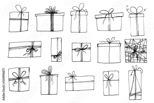 Set of cute doodle hand drawn black vector gift boxes for Christmas and birthday decoration. Funny sketch present gifts for print design, stickers, patterns, greeting card decoration