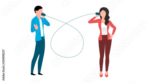 Man and woman talking on childhood paper cup phone, Woman pointing to analysis board or task list board, flat business character vector illustration on white background.