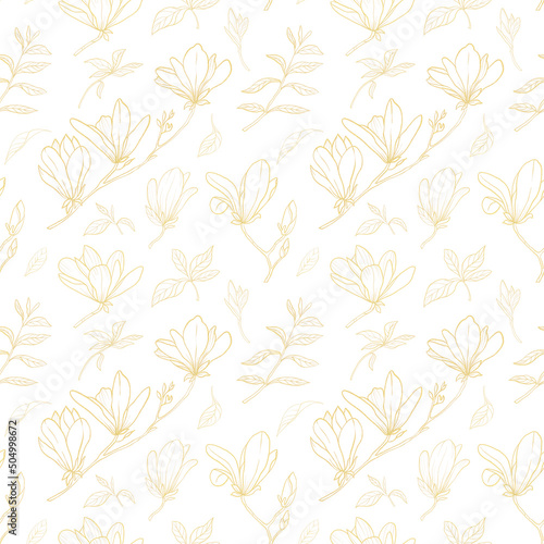 seamless pattern with gold magnolia flowers