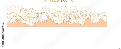 Banner with a seamless pattern with golden tulips flowers Engraving hand drawn #505001613
