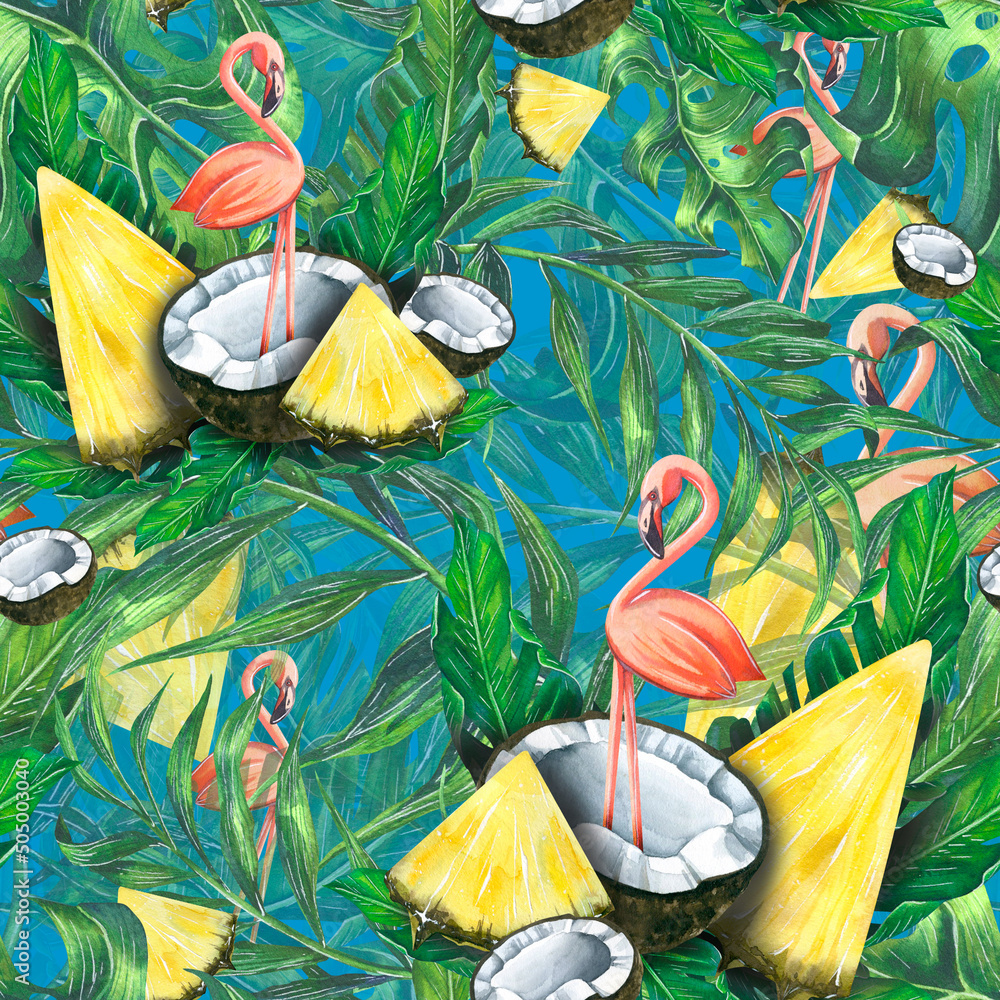 Tropical seamless pattern with pineapple slices, coconut, pink flamingo ...