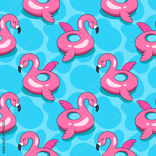 Pink Inflatable flamingo circle, summer pattern, vector seamless pattern in the style of doodles, hand-drawn