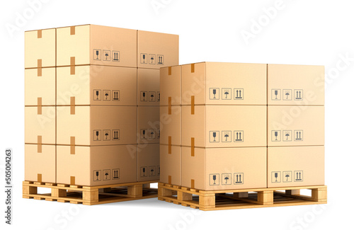 Warehouse: cardboard boxes on pallets isolated on white