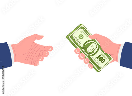 Business hand giving money. Investment in a new project. Vector illustration..