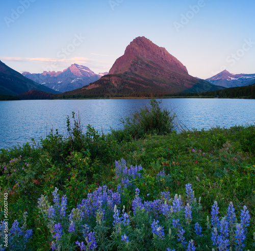 Sunrise Over Grinnell Point and Swiftcurrent Lake, Glacier National Park, Montana, USA. photo