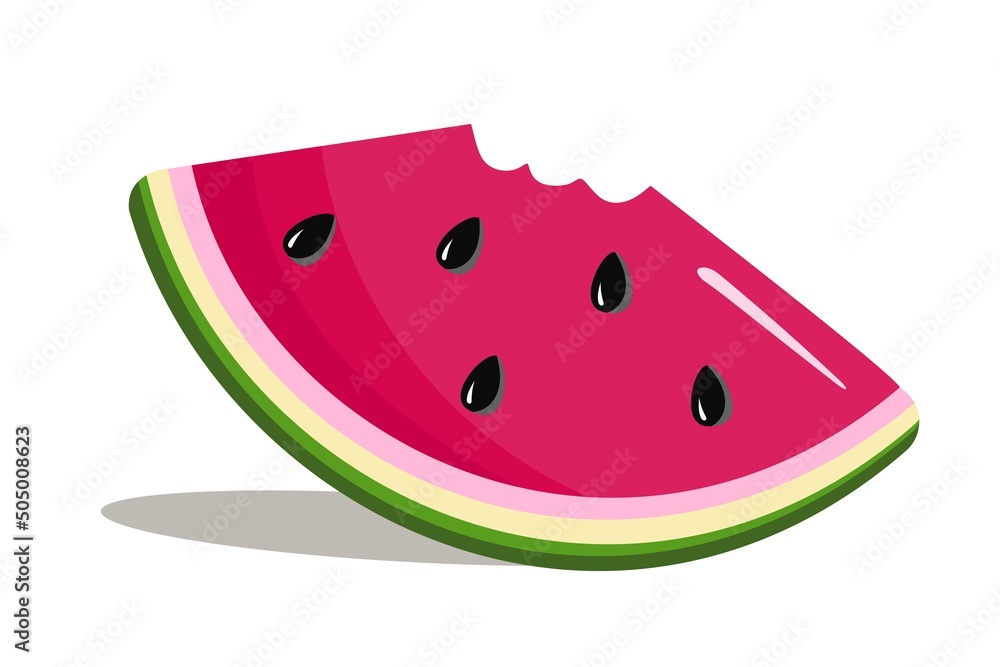 Watermelon slice bitten off in cartoon style Summer concept Vector illustration isolated on white background Watermelon slice bitten off in cartoon style Summer concept Vector illustration isolated on white background