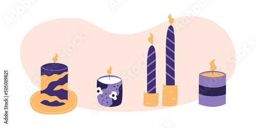 Various candles of different shapes and sizes. Decorative wax candles for relax and spa. Flat vector illustration in trendy colors, isolated on white background