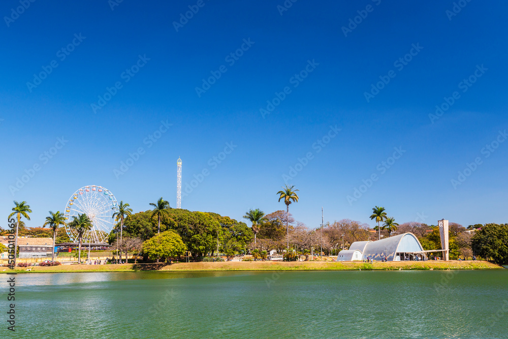 Belo Horizonte, Minas Gerais, Brazil. View of Pampulha Lake during the day. - obrazy, fototapety, plakaty 