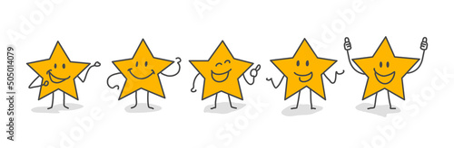 Stick figures give review rating and feedback. Customer reviews, feedback, five stars rating. Five funny stars. Rating.