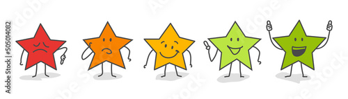 Stick figures give review rating and feedback. Customer reviews  feedback  five stars rating. Five funny stars. Rating.
