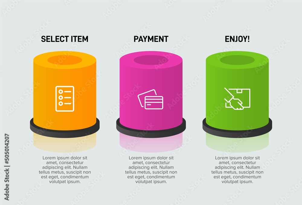 Concept of shopping process with 3 successive steps. Three colorful graphic elements. Timeline design for brochure, presentation, web site. Infographic design layout. Concept of shopping process with 3 successive steps. Three colorful graphic elements. Timeline design for brochure, presentation, web site. Infographic design layout.
