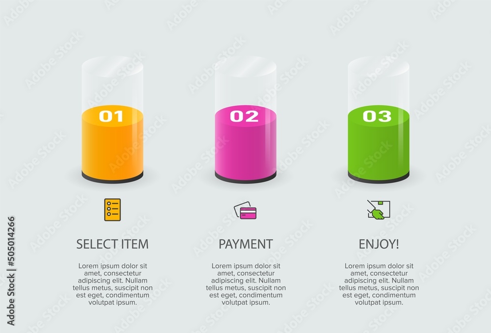 Concept of shopping process with 3 successive steps. Three colorful graphic elements. Timeline design for brochure, presentation, web site. Infographic design layout. Concept of shopping process with 3 successive steps. Three colorful graphic elements. Timeline design for brochure, presentation, web site. Infographic design layout.