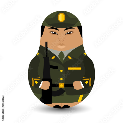 An Asian woman in a military uniform holds a firearm in her hand. Military man. Modern kawaii dolls for your business project. Flat vector illustration.