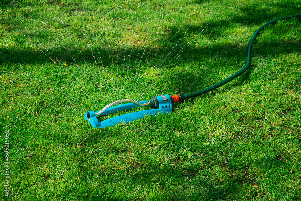 Modern oscillating sprinkler on the mown lawn in the garden - obrazy, fototapety, plakaty 
