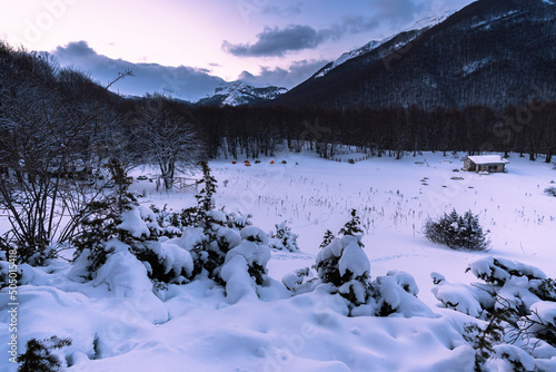 l'inverno a prato san rocco, nella riserva delle montagne della duchessa, lazio, con campo tendato invernale photo