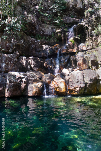 A close up view of a waterfall on a mountain in a forest of the cerrrado biome in west-central Brazil. Landscape. serenity photo