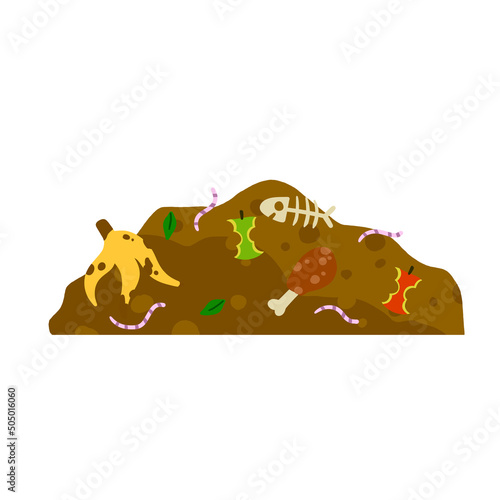 Compost soil. Pile of earth with worms. Farming and food waste. Ecological humus. Flat cartoon