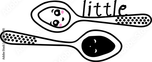 Little and big spoon, lovers, cute black and white vector illustration