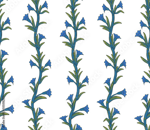 Seamless floral striped rustic pattern. Delicate spring blue leaf sprig with blooming flowers. Amazing ethnic liana plant swirls for textile. Vintage provence print with creeper